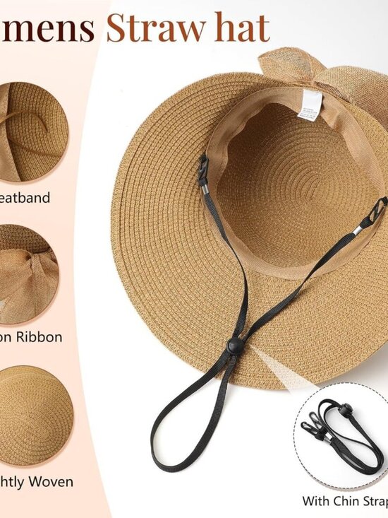 Women\'s Sun Hats Straw Beach Hat UV Sun Protection Foldable Bowknot Khaki main image 5